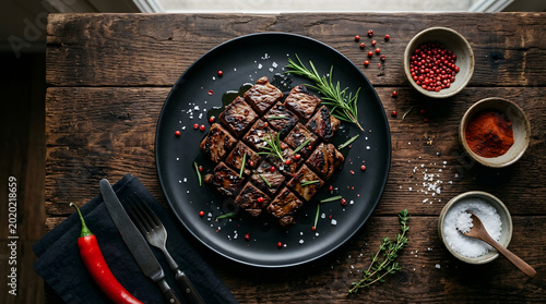 Succulent grilled steak cubes with seared grill marks arranged on a dark ceramic plate garnished with fresh herbs surrounded by spices and red pepper on rustic wooden table