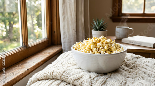 Cozy scene with a bowl of freshly popped popcorn resting on a soft blanket near a sunlit window creating a warm inviting atmosphere perfect for relaxing or movie night