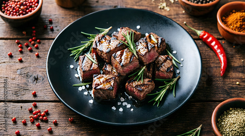 Succulent grilled steak slices arranged on a dark ceramic plate garnished with fresh herbs coarse salt and surrounded by spices and chili peppers on rustic wooden table