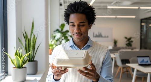 Young smiling man using a portable electronic device in a modern office space with natural light indoor plants and contemporary furniture showcasing technology and productivity