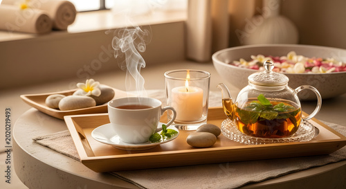 Serene morning tea setup with a steaming cup of tea fresh herbs in a glass teapot soft natural light cozy atmosphere and a variety of snacks on a rustic wooden table