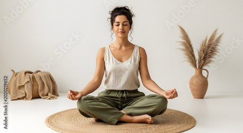Serene young woman practicing meditation in a minimalist indoor space with natural light sitting cross legged on a round mat surrounded by calming neutral decor and a tall vase