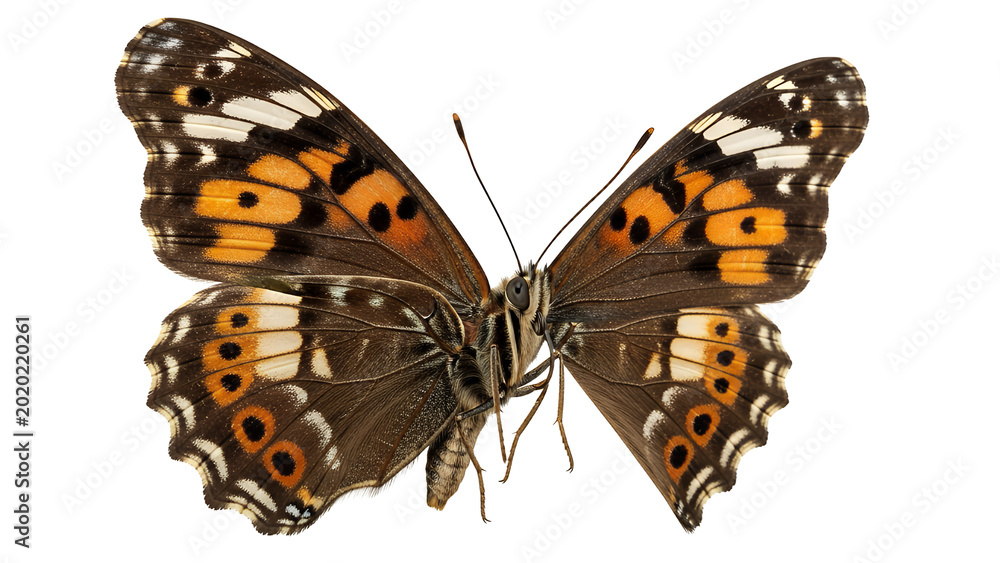 Obraz premium Painted lady butterfly features complex orange and black spotted wing markings isolated on a clean white field.