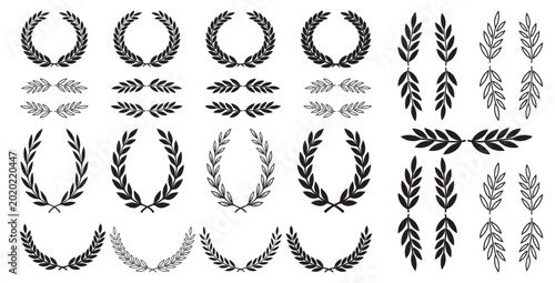 Set of black laurel wreaths and wheat emblems, decorative foliate frames and dividers for award and heraldry design.