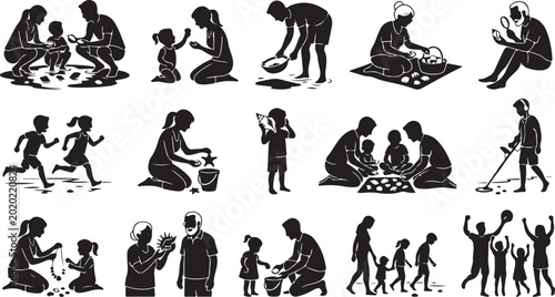 Bild auf Leinwand Set of black silhouettes of families and children playing on the beach and explo