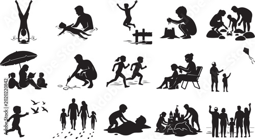 фотографія Set of black silhouettes showing happy families and children having fun and play