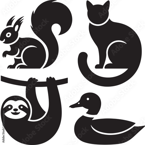 Animals including squirrel, cat, sloth, and duck sitting and hanging in natural scenery with illustrations