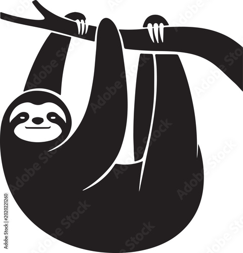 A smiling sloth hangs upside down from a tree branch in forest