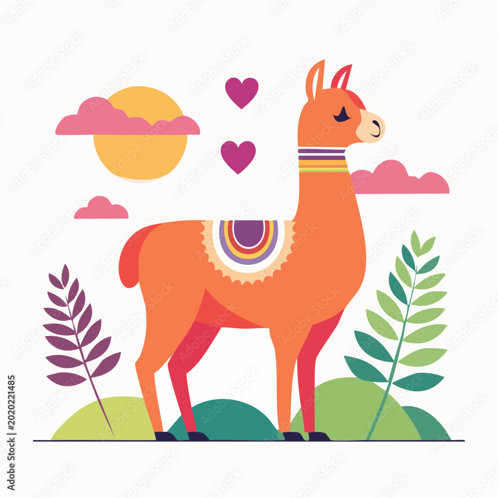 Naklejka premium Cute Llama Illustration with Hearts and Sun