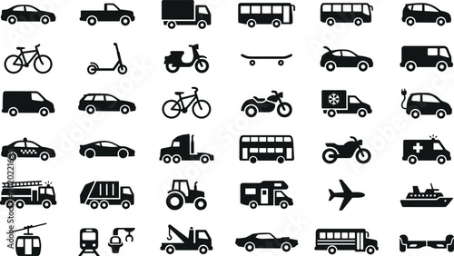 Tableau sur toile Set of transportation and logistics icons featuring silhouettes of vehicles, commercial trucks, public transit, and emergency services for urban mobility