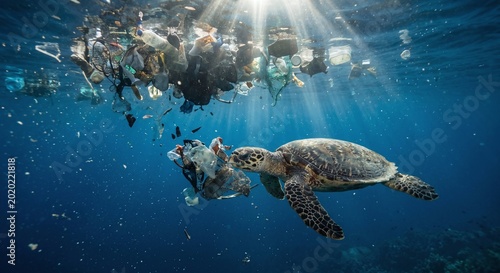 Sea turtle swimming through heavily polluted ocean water filled with floating plastic trash and garbage.