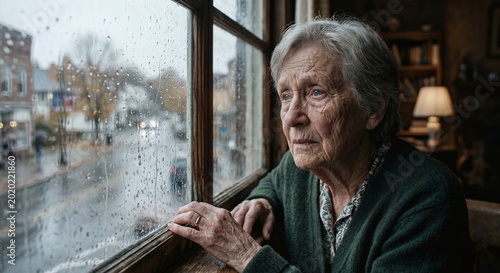 Sad elderly woman looking pensively through a rain-streaked window on a gloomy day.