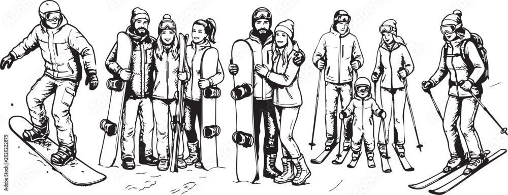 Fotografija Skiers and snowboarders group collection showing winter sports enthusiasts with