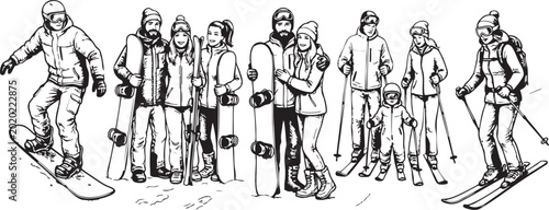 Bild auf Leinwand Skiers and snowboarders group collection showing winter sports enthusiasts with