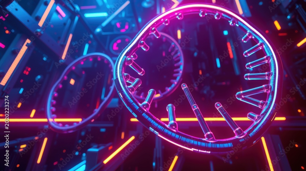 Obraz premium Neon clocks float within complex futuristic structure. Vivid blues, pinks, oranges create dramatic lighting effect. Time concept dominates scene.