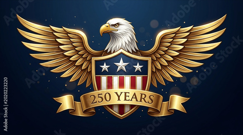 Golden american eagle with outspread wings and patriotic shield for 250 years anniversary