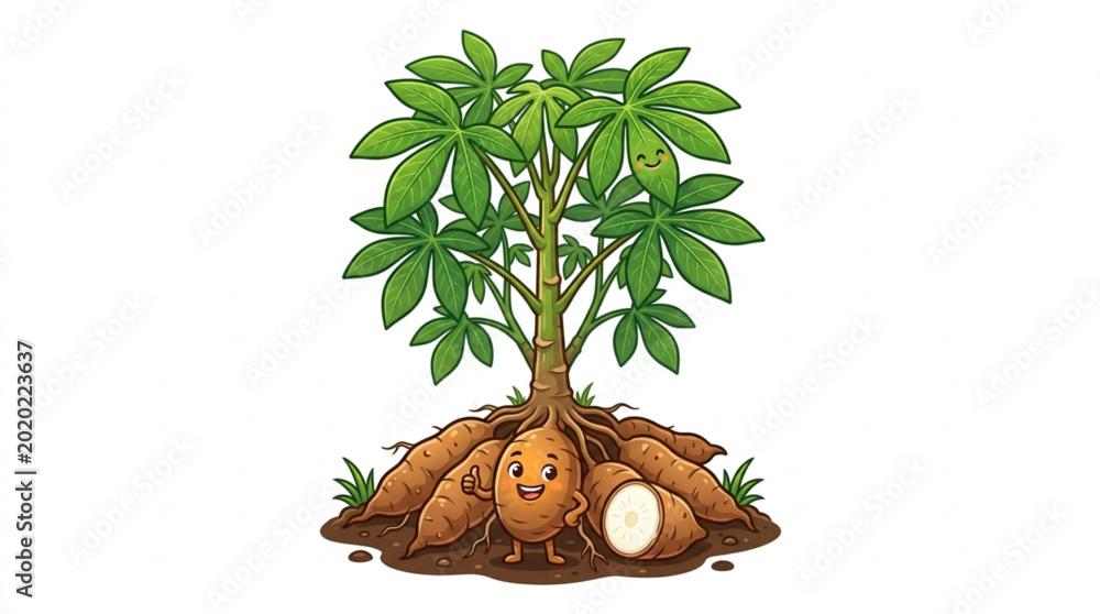 Αυτοκόλλητο Cassava Plant With Edible Roots Growing Underground Illustration.