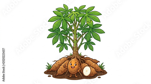 Slika na platnu Cassava Plant With Edible Roots Growing Underground Illustration.