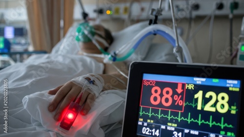 Patient in ICU with Vital Signs Monitor Showing Low Oxygen Saturation
