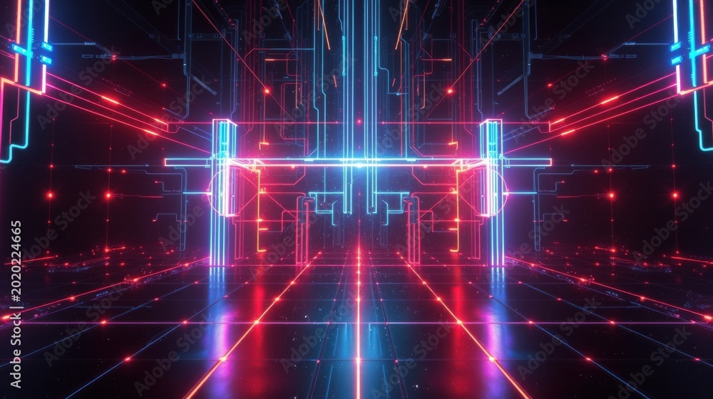 Fototapeta premium Futuristic corridor. Glowing lines create digital space. Red, blue hues dominate dark environment. Abstract geometry defines structure.