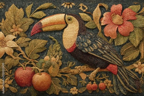 Textile art a toucan, lush foliage, red blossoms, and ripe fruit