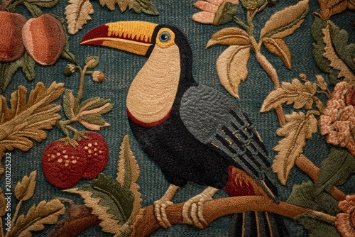 Vibrant Toucan Bird and Tropical Foliage on an Embroidered Textile