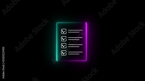 Glowing neon check list animated outline icon. Checklist line icon animation. document marking, mark icon 4k motion