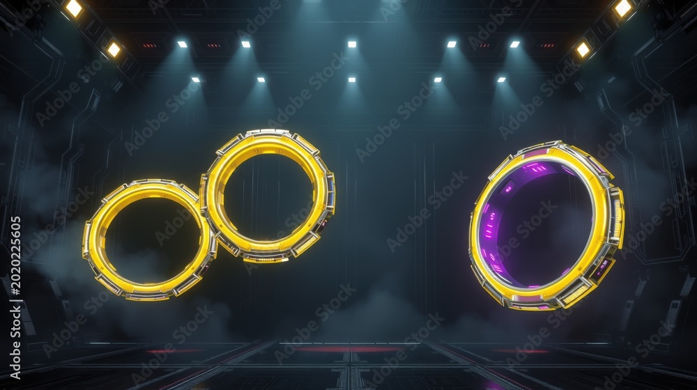 Fototapeta premium Futuristic scene features glowing rings, dark room, dramatic lighting. Smoke adds depth, creating scifi atmosphere.