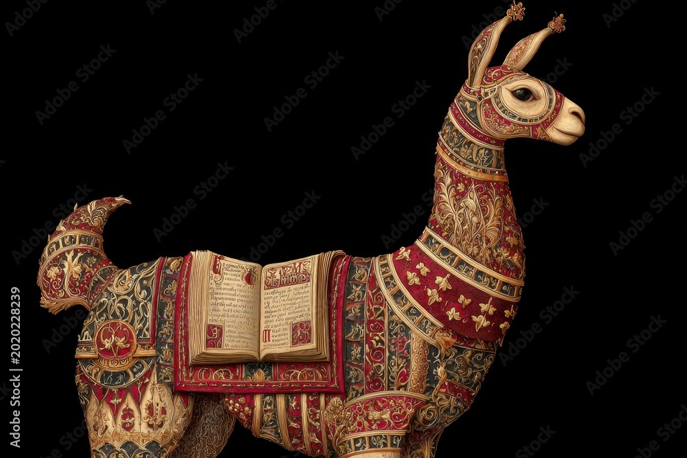Obraz premium Decorated Llama with Open Book Adornments against a Dark Background