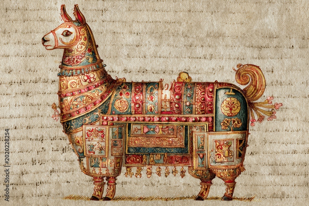 Fototapeta premium Illustration of Ornate Llama with Detailed Patterns on Vintage Texture Paper