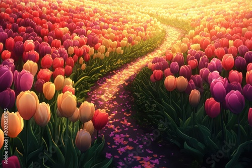 Tulip Path, Sunrise, Colorful Field