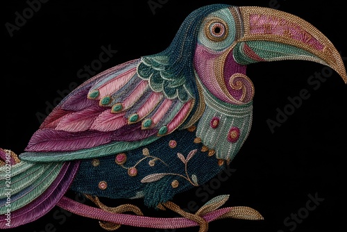 Textile Art Bird on Branch Delicate Embroidery Design Illustrative Style