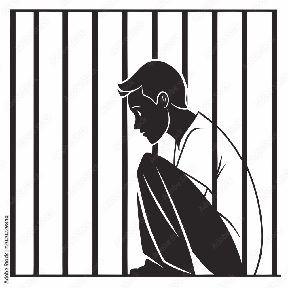 Ταπετσαρία silhouette of a man in a jail cell with vertical bars black and white graphic