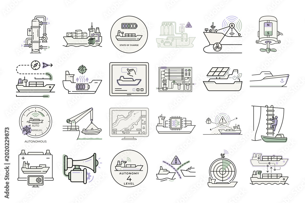 Fototapeta premium Autonomous Cargo Ship Icons or Vector Illustration of Electric Ships