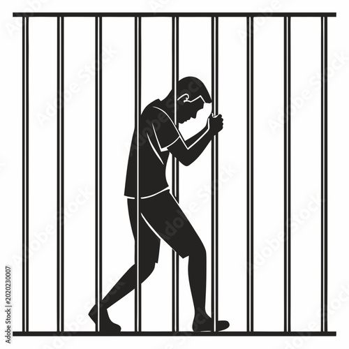 Foto prisoner silhouette leaning against jail bars on a white background