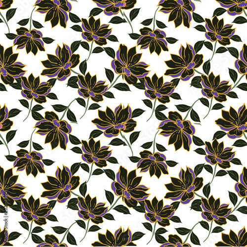 Floral seamless pattern. Cute print with daisy flowers and leaves on blue background. Chamomile meadow flowers. Hand drawn stylized vector illustration for textile, wallpaper, wrapping paper. 