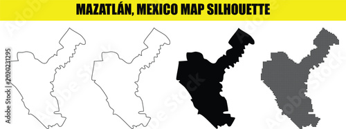 Foto Mazatlan mexico map silhouette set including linear solid and halftone dot styles on a transparent grid background art