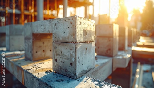 Interlocking modular concrete blocks forming a structural foundation at a construction site bathed in sunlight