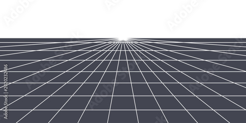 Minimalist white grid on dark background with perspective vanishing point and horizon line. Vector infinite virtual reality floor with geometric lines and architectural perspective template.