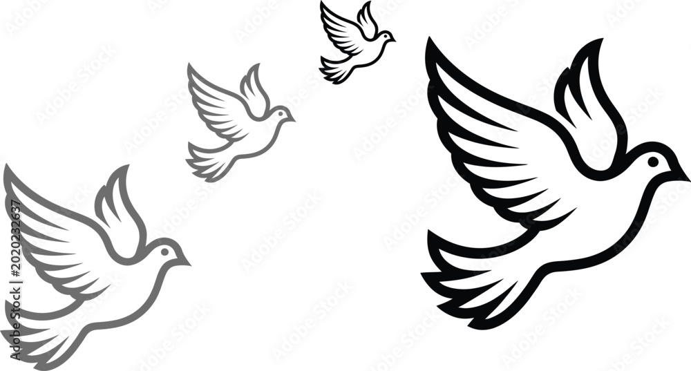 Fototapeta premium Dove, doves, flying birds, white, black, icon set, 3 dove silhouettes