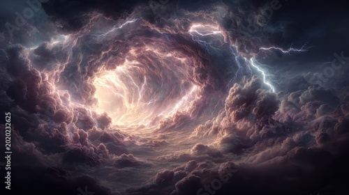 Fantasy wallpaper. A dramatic digital artwork depicts a stormy sky. The main subject is a swirling vortex of swirling clouds, illuminated by a radiant, fiery glow emanating from the center.