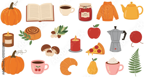 Canvas-taulu Autumn Cozy Icon Set Featuring Pumpkin, Coffee, Croissant, Sweater, Books, and S