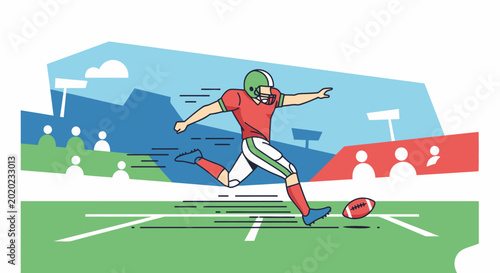 Obraz na płótnie American Football Player Kicking Ball on Field, Stadium Audience