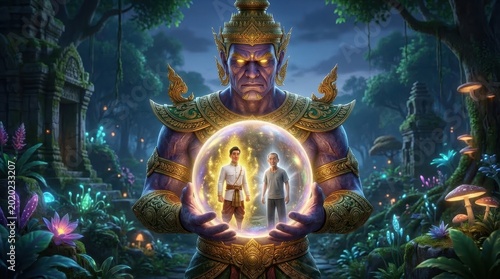 Yaksha Giant Mythical Thai Yaksha giant, a mythical guardian deity, holds a crystal ball showing a man s past and present lives, a concept of reincarnation in an enchanted forest Guardian Deity