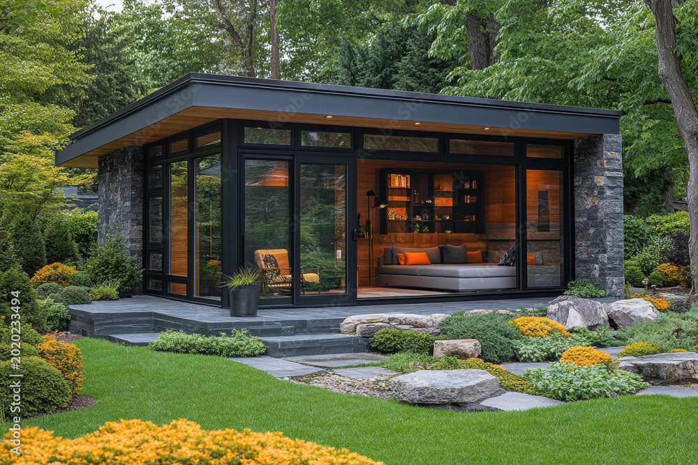 Obraz premium Spacious covered patio beside modern house.