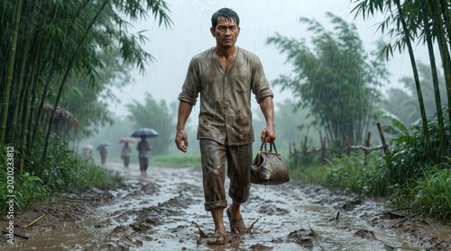 Portrait Resilience Determined Cinematic portrait of resilience A determined Southeast Asian man walks a muddy rural path during a heavy monsoon rain, symbolizing hardship and the journey home