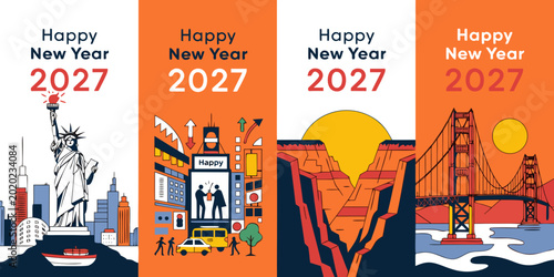 Happy New Year 2027 American Landmark Vector Series — Modern geometric illustrations of the Statue of Liberty, Times Square, canyon, and Golden Gate Bridge celebrating the new year in vibrant style.
