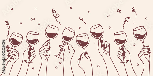 Bild auf Leinwand Many hands raising wine glasses together in a joyful celebration of life