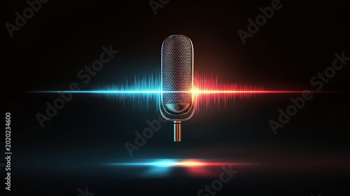 A vector illustration of a voice assistant concept featuring stylized sound waves radiating from a central microphone icon. The composition represents voice control technology, speech recognition.