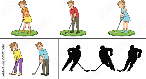 Canvas Print Golf and Hockey Players Illustration Set Showing Athletes Practicing Sports with